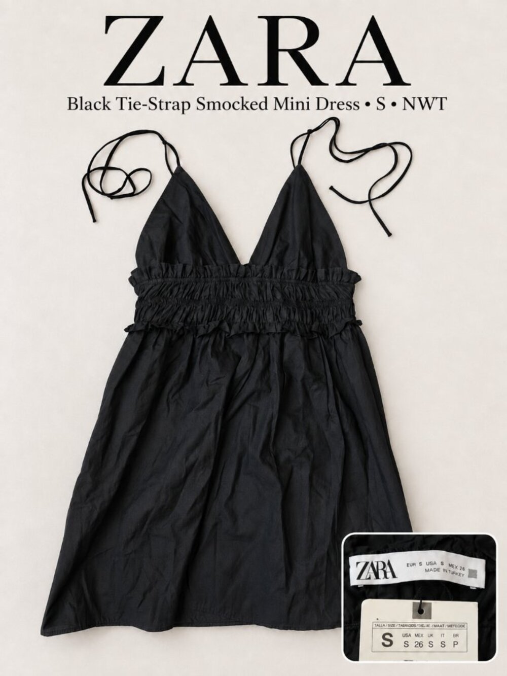 Zara Black Tie Strap Smocked Ruffle Mini Dress Size S NWT